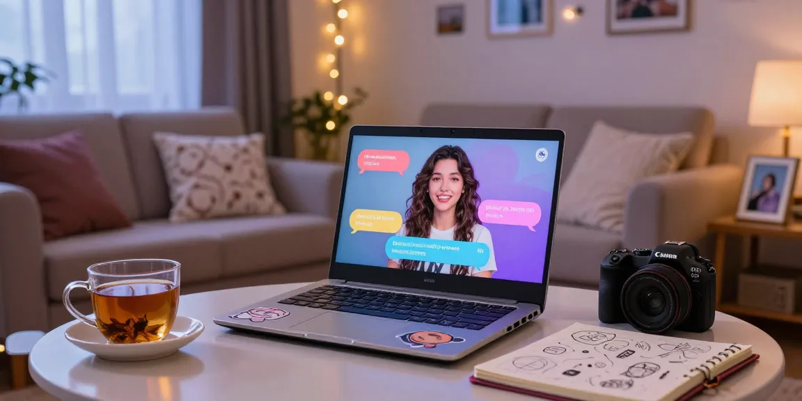 Engaging with an AI girlfriend on a laptop in a cozy, personalized setting.