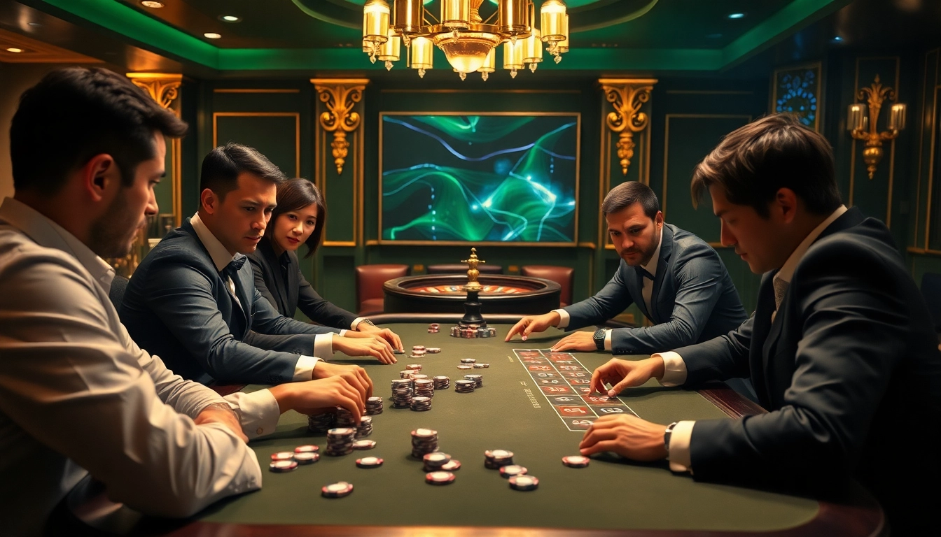 Exciting poker game scene showcasing amanahtoto with players at a casino table.