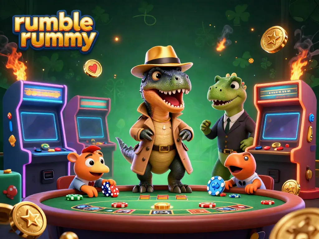 Play rumble rummy with a sneaky velociraptor and friends in this vibrant 3D casino illustration.