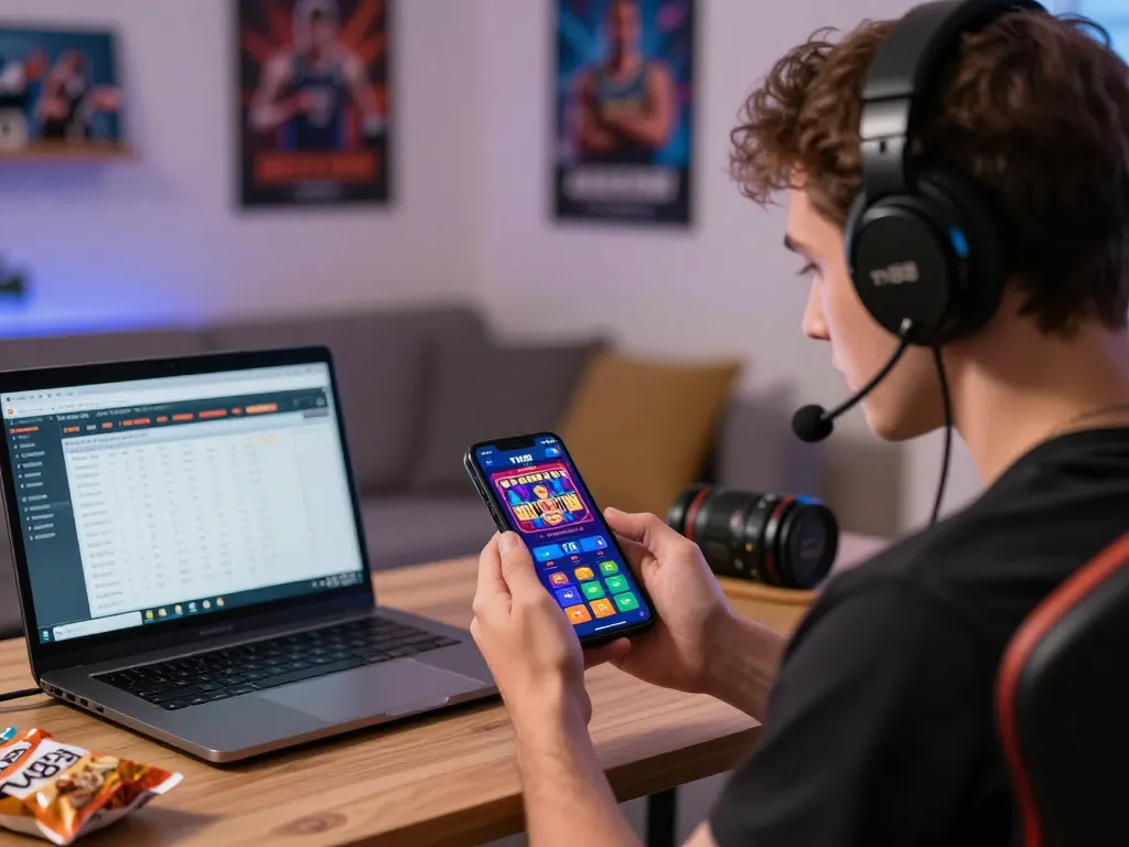 Engaging online betting experience with TV88 app on smartphone, snacks, and gaming gear in a vibrant living room.