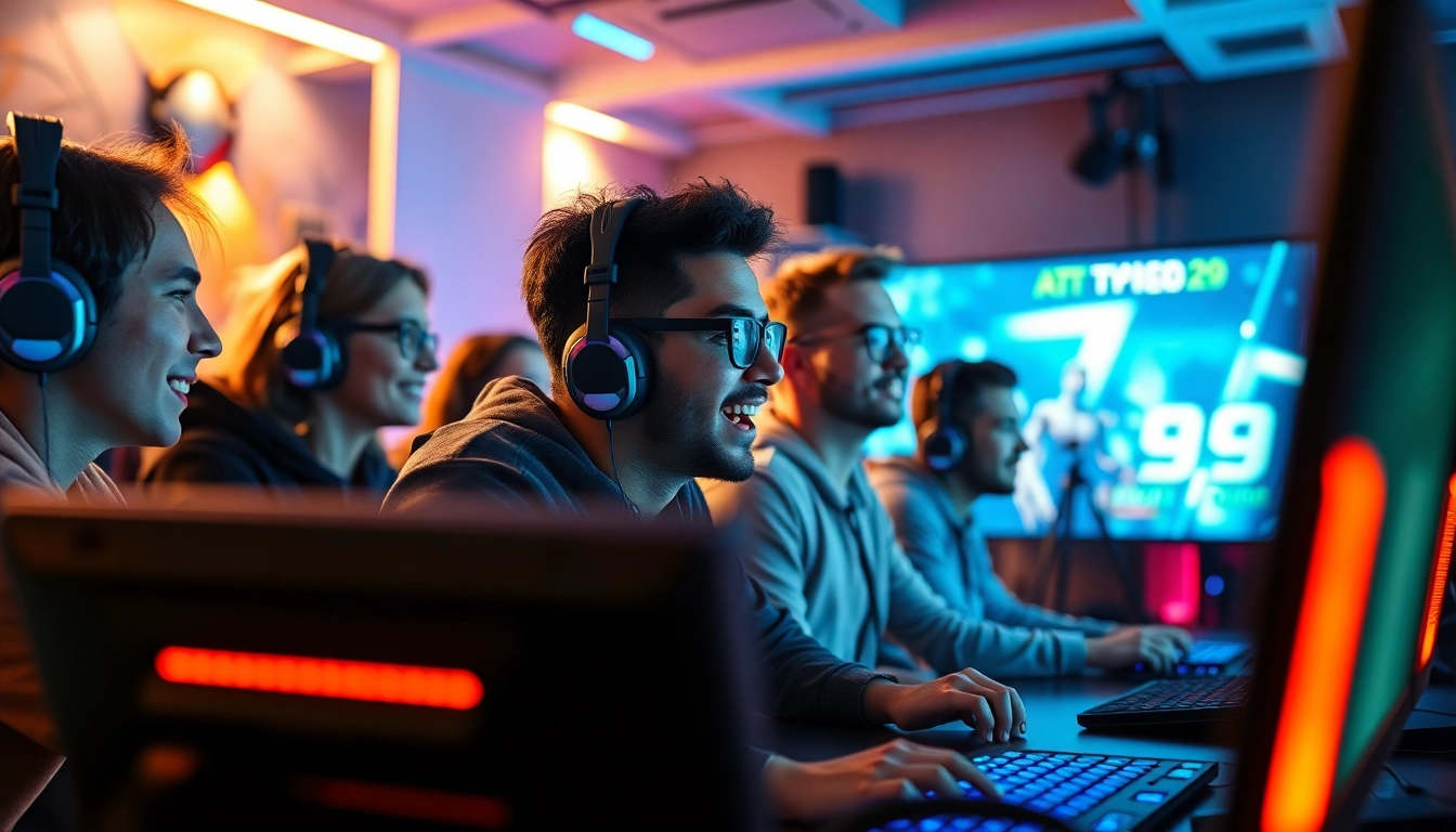 Engaged gamers enjoying their experience with AT99娛樂 in a vibrant gaming setup.