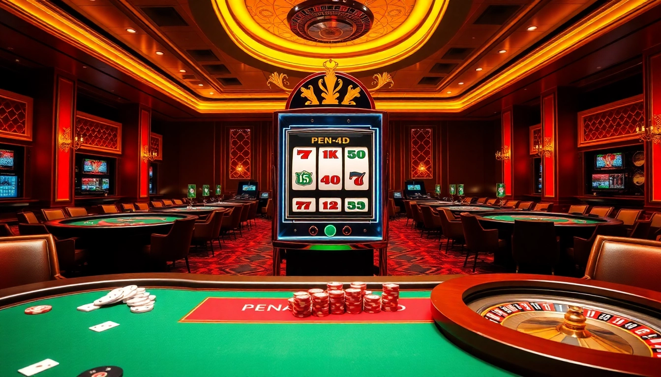 PEN4D slot machine surrounded by immersive casino tables and vibrant gaming atmosphere.