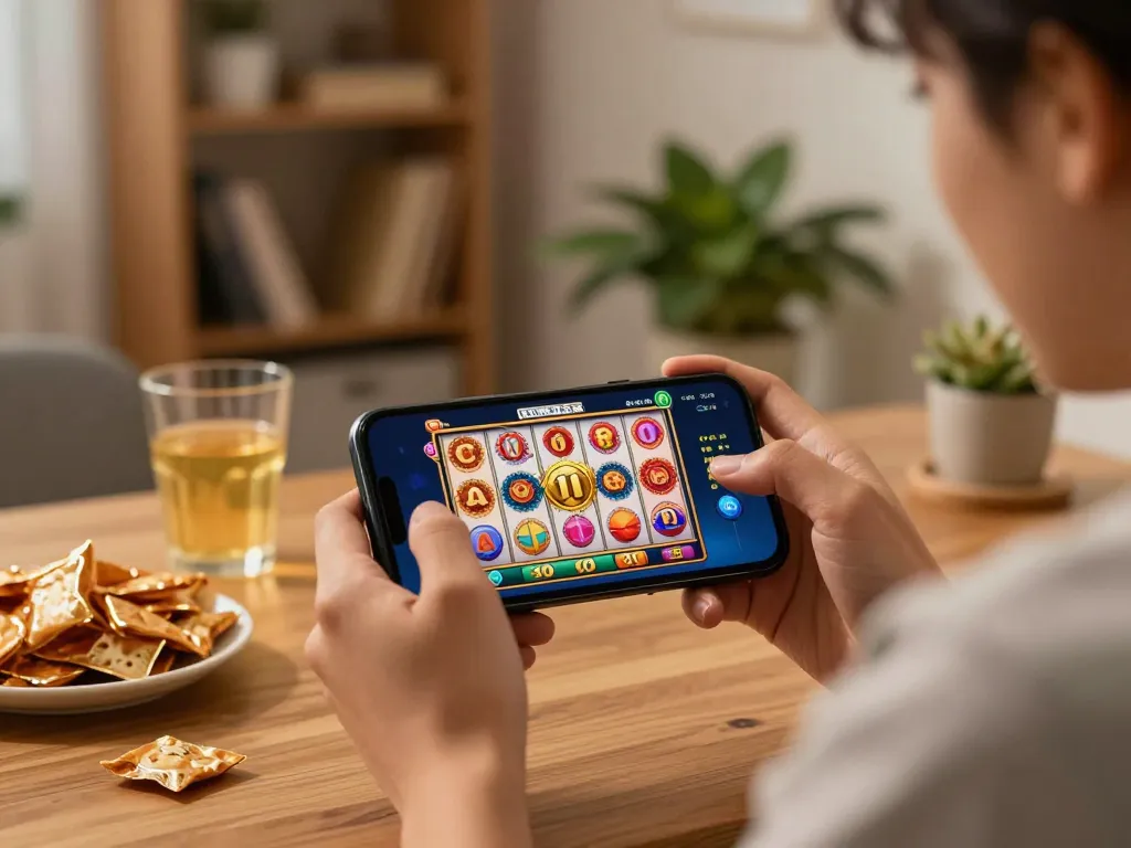 Gamer using gtatogel slot app on smartphone in cozy home setting with snacks.