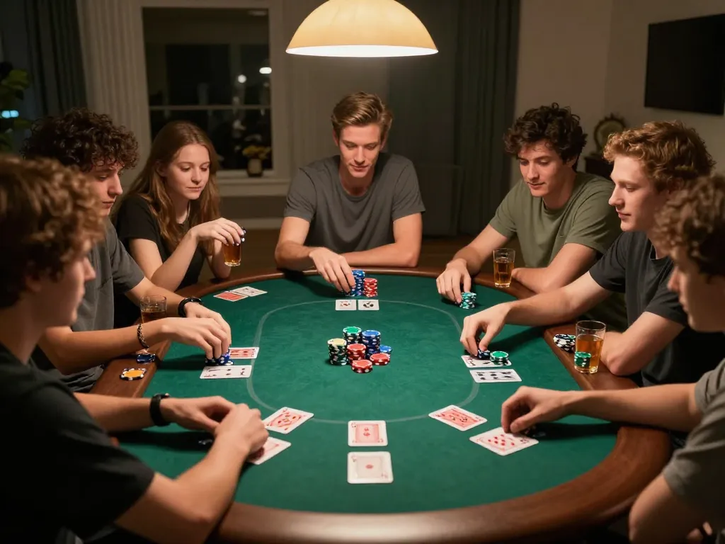 Friends enjoying a lively poker game, strategizing their bets with 388bet poker chips and cards