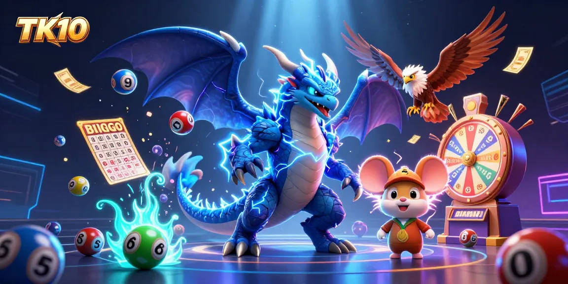 Engage with thrilling games at TK10, showcasing vibrant elements like colorful lottery balls, fishing game features, and exciting casino visuals.