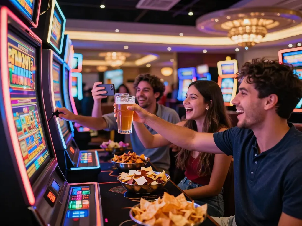 Friends celebrating a win at akunjp slot machines in a vibrant casino atmosphere