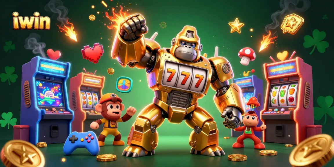 Engage with the thrilling iwin gaming experience featuring a golden mech and slot machines.