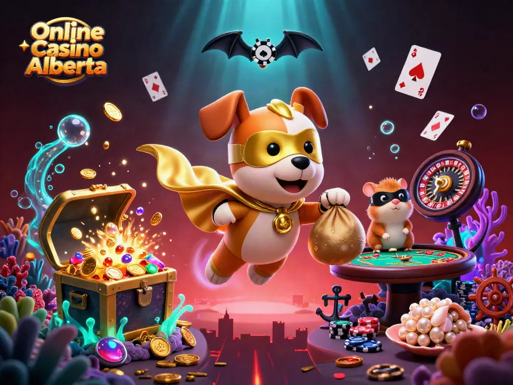 Experience thrilling wins at Online Casino Alberta with cartoon superheroes amidst casino elements and vibrant underwater treasures.