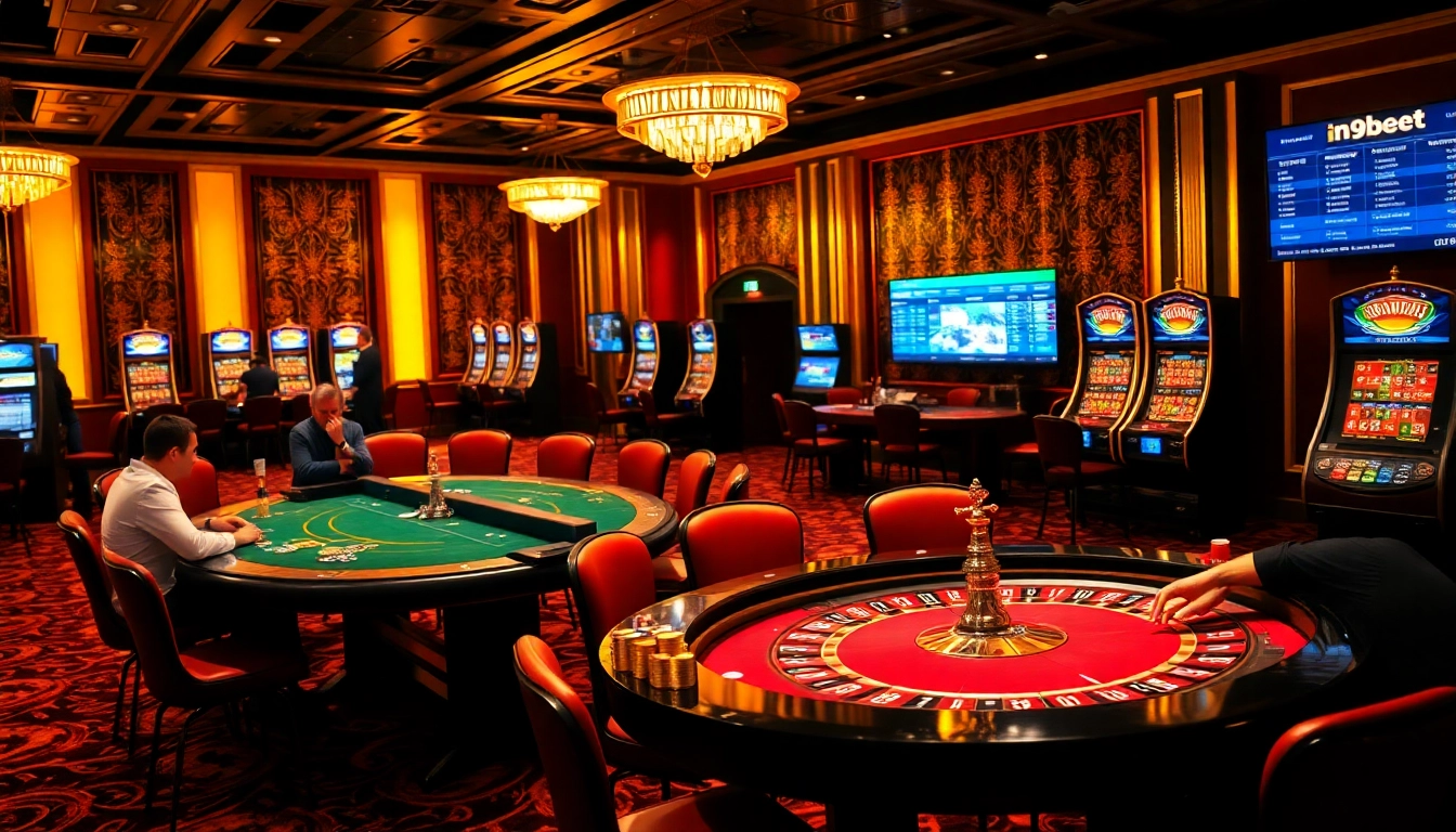 Players enjoying a high-stakes game at i9bet's luxurious casino, showcasing excitement and professional charm.