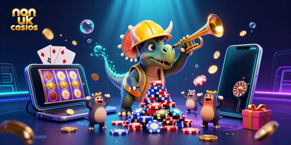Exciting 3D scene showcasing non UK casinos with colorful slot games and animated celebrating dinosaurs.