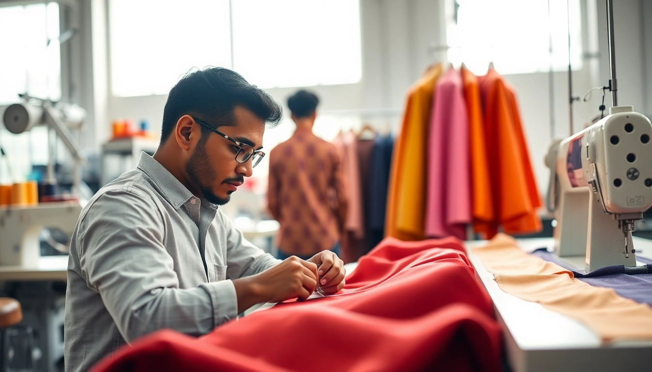 Crafting custom apparel by a skilled tailor in a Custom Clothing Manufacturer workshop.