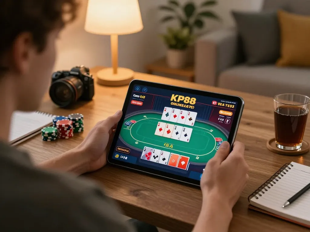 Engaged player enjoying KP88 online casino gaming on tablet with cozy living room setup.