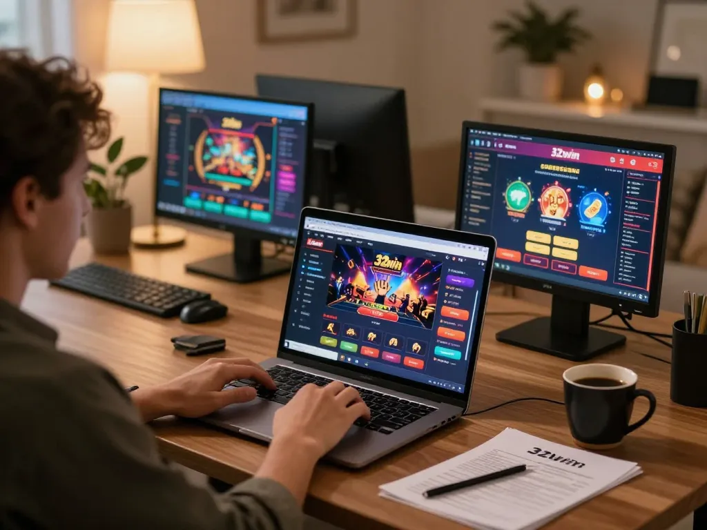 Engaging gaming session on 32win platform with laptop and strategy notes.