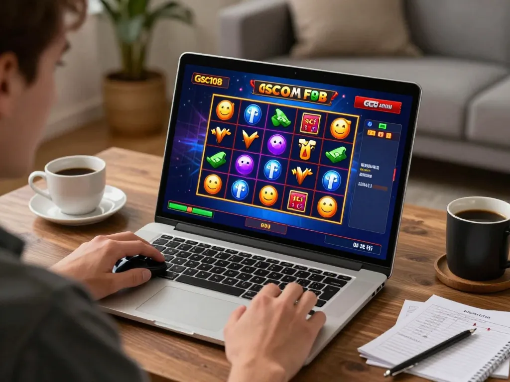Player engaged in Gsc108 online slot games at home, showcasing colorful game interface and cozy setting.