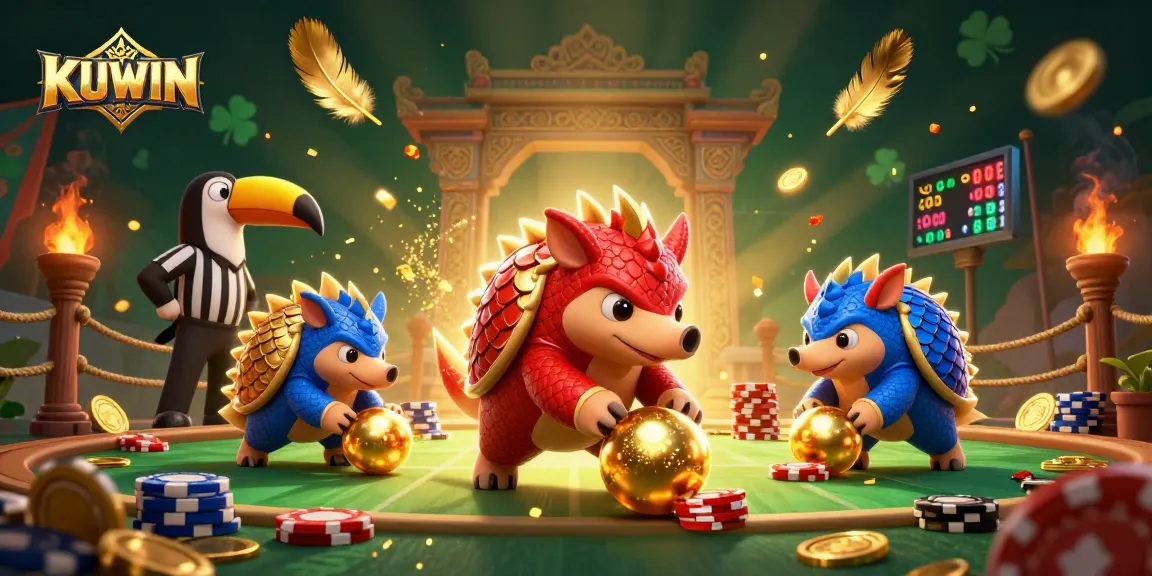 KUWIN pangolins compete in a thrilling game amid golden sparks and casino elements.