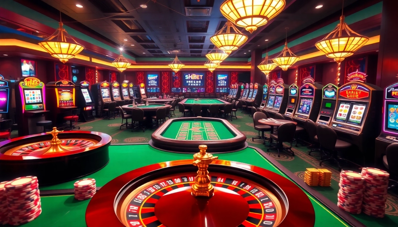 SHBET vibrant online casino scene showcasing gameplay excitement with roulette and poker tables.