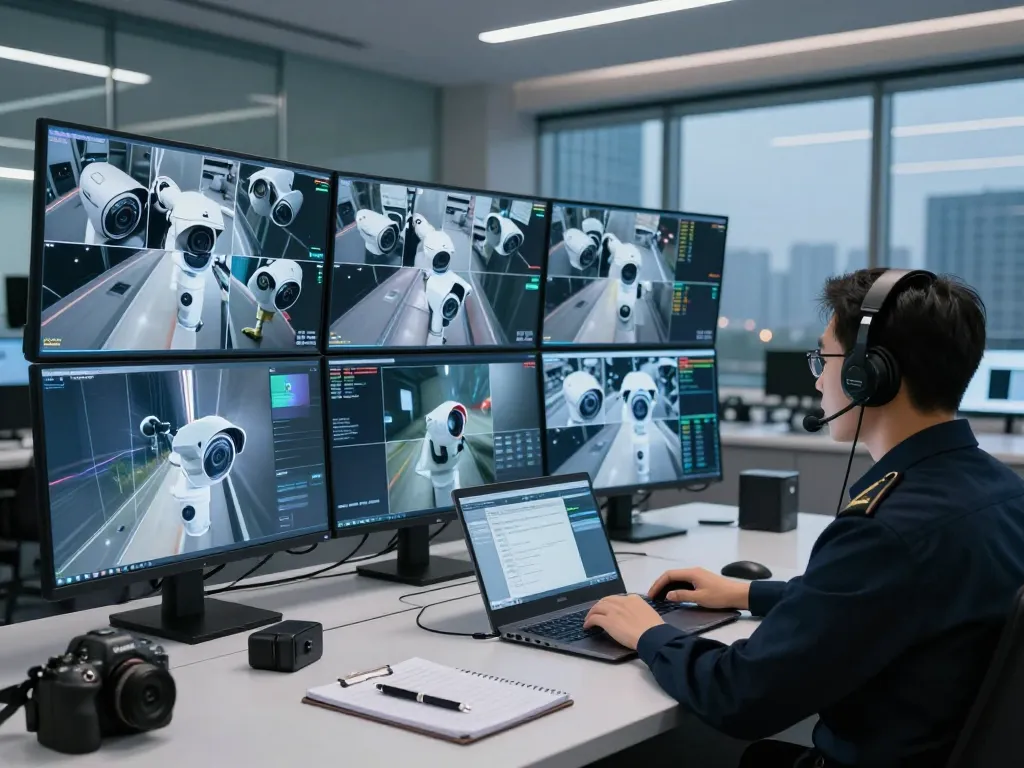 Technician monitoring HD4D surveillance cameras in a modern control room.