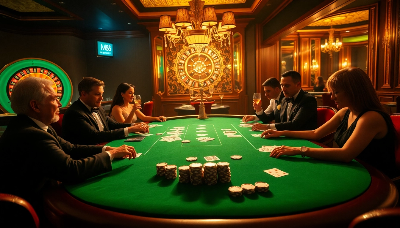 Participants engage intensely at a luxurious poker table in mint88-themed casino excitement.