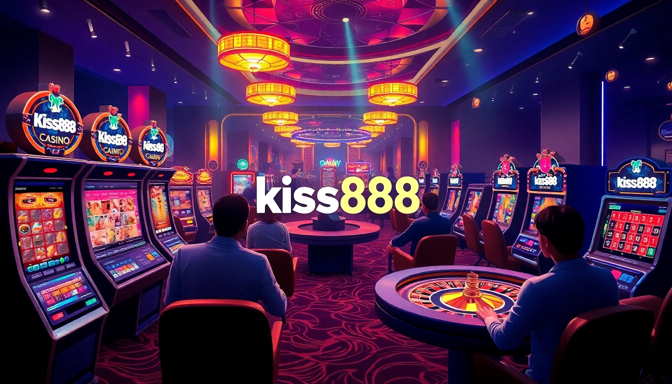 Kiss888 players engaging with vibrant slot machines in a luxurious online gaming environment.