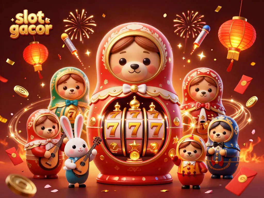 Experience the fun of slot gacor with a vibrant scene featuring playful bears, lucky symbols, and festive elements.