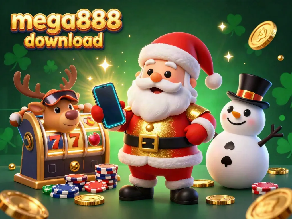 Join the fun with the mega888 download, featuring Santa and friends in a vibrant casino scene.