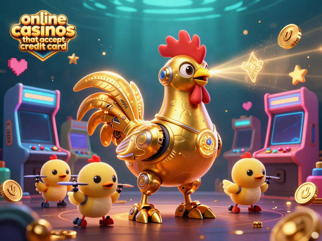Engage in online casinos that accept credit card featuring a golden rooster robot and baby chick drones.