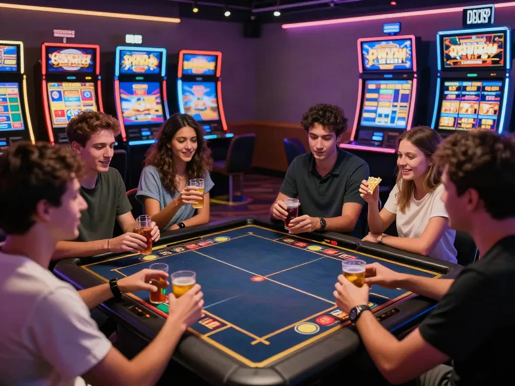 Engaging online gaming scene at akunjp with players enjoying slot machines in a lively atmosphere.