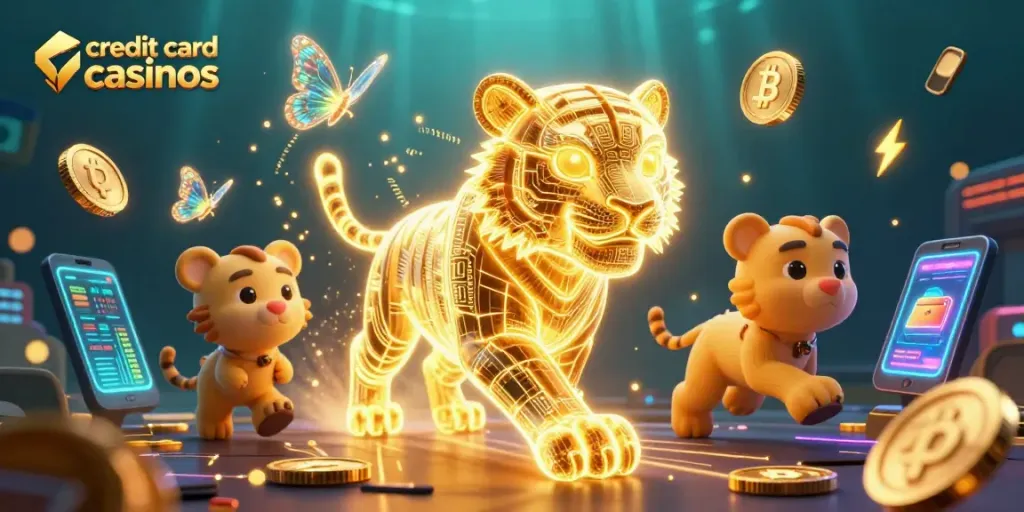 Experience gaming excitement at credit card casinos with neon visuals and crypto elements.