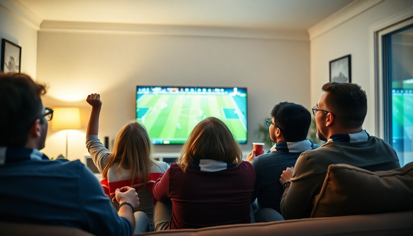 Socolive fans enjoying a live football match in HD at home, showcasing excitement and community.