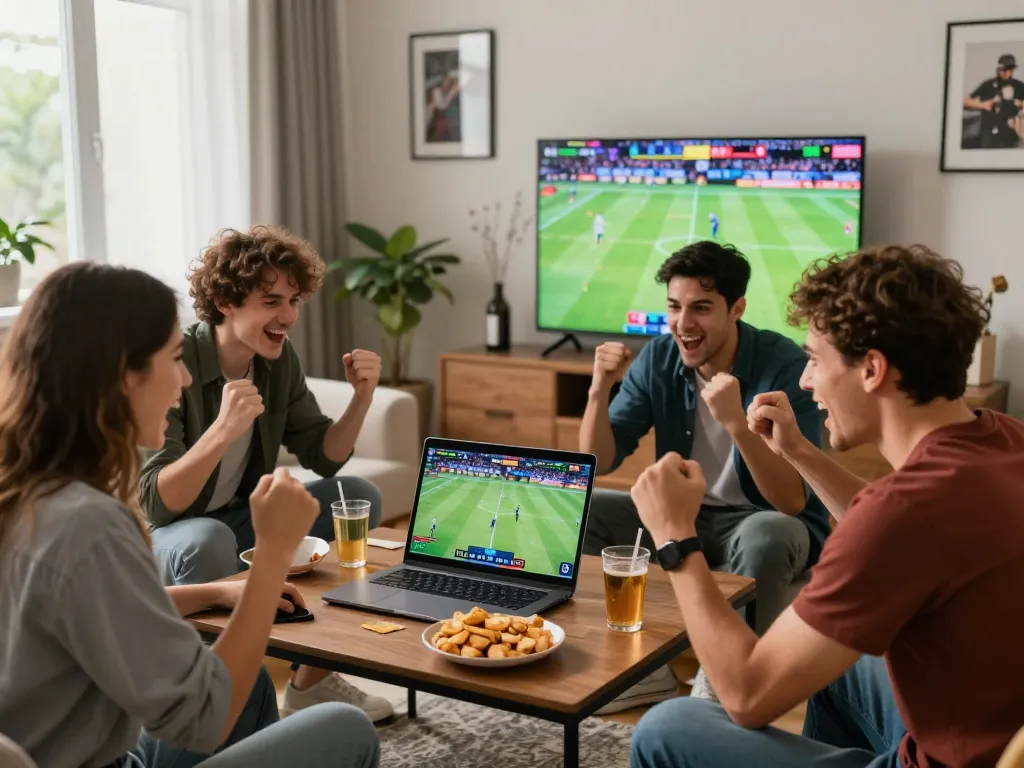 Friends celebrating game day while placing bets on zbet in a lively living room.