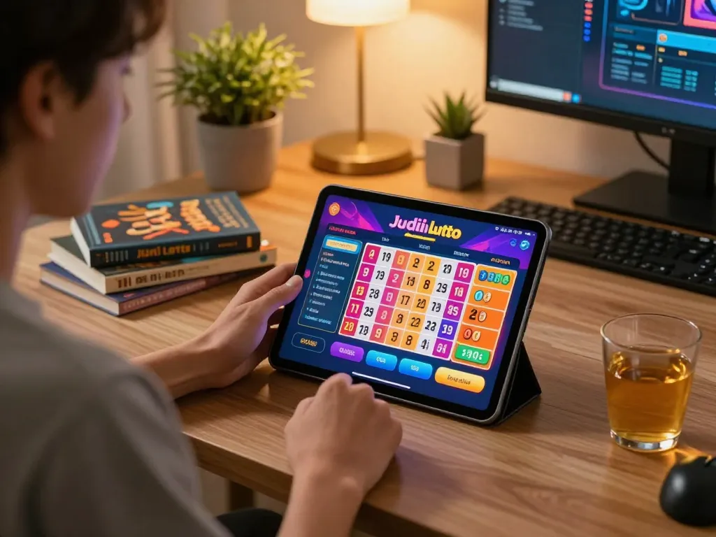 Engaging in Bolagila Judi Lotto on a tablet with a colorful lottery interface in a cozy home environment.
