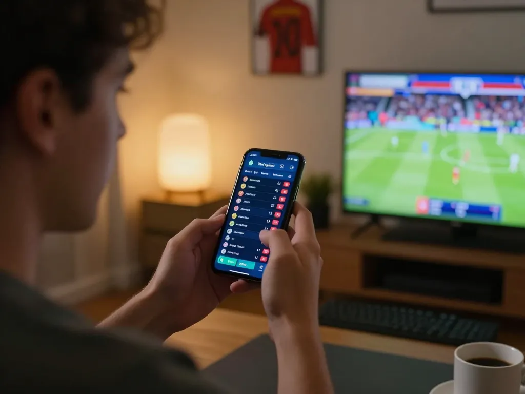 Person using uu88 for live sports betting on smartphone while enjoying a home gaming setup.