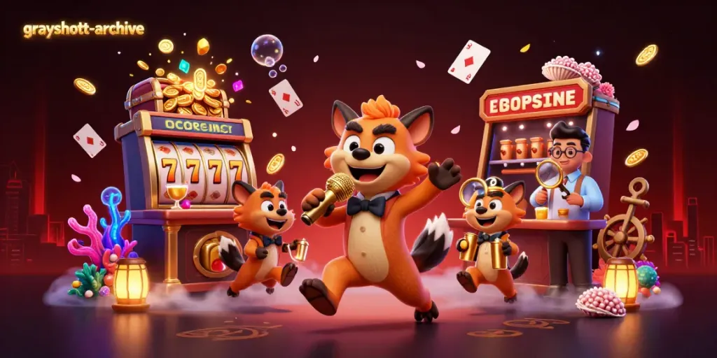 Hyenas entertain in a vibrant casino scene, featuring grayshott-archive motifs and gaming elements.