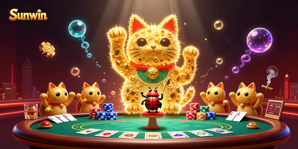 Engage with the thrilling ambiance of Sunwin, featuring a vibrant giant lucky cat and poker elements.