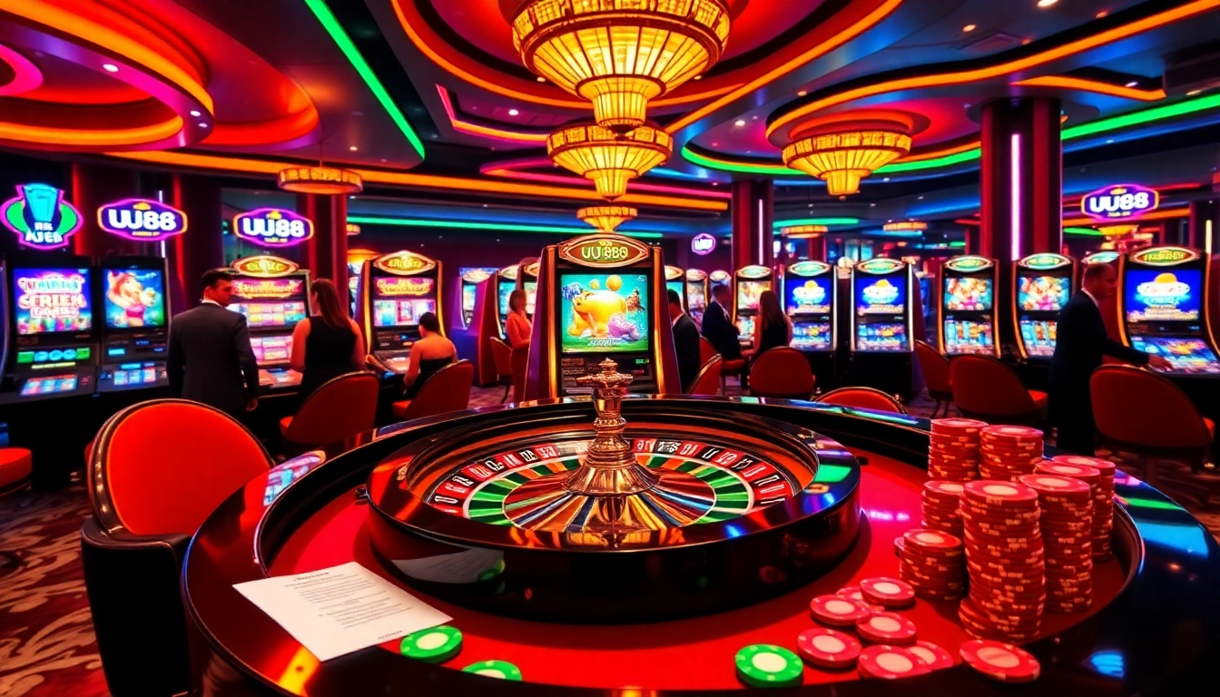 UU88 players enjoying a vibrant casino experience with roulette and slot machines.