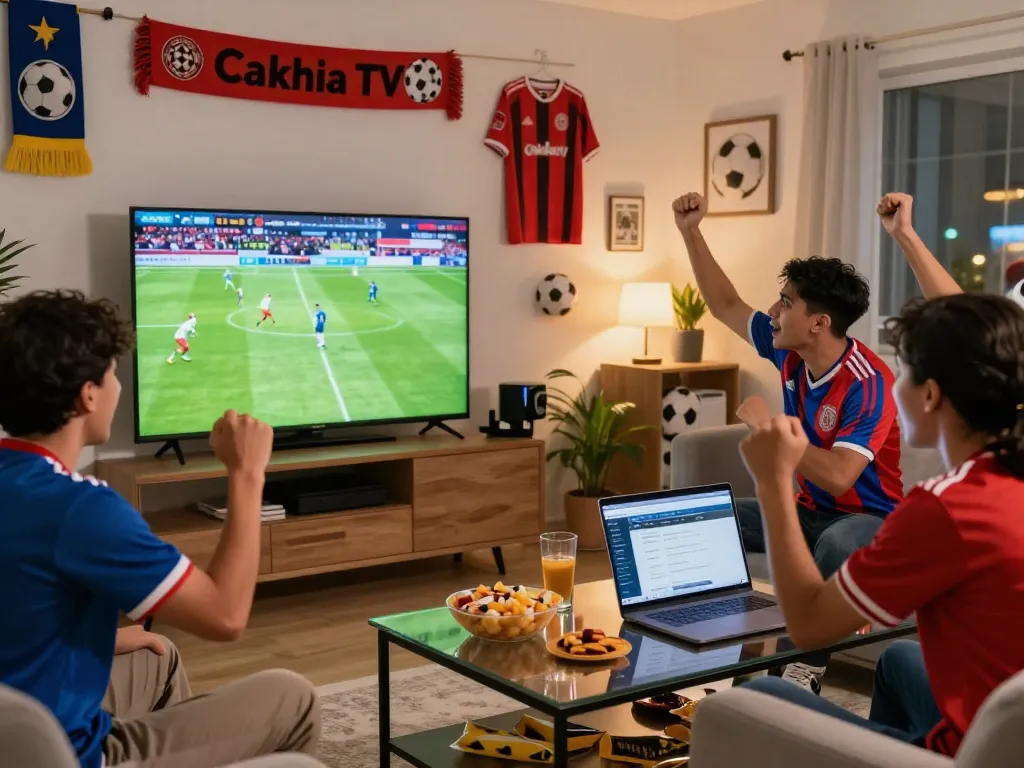 Fans excitedly celebrating a live football match streamed from https://cakhiatvcc.tv/ in a cozy home setting, showcasing a lively game night atmosphere.