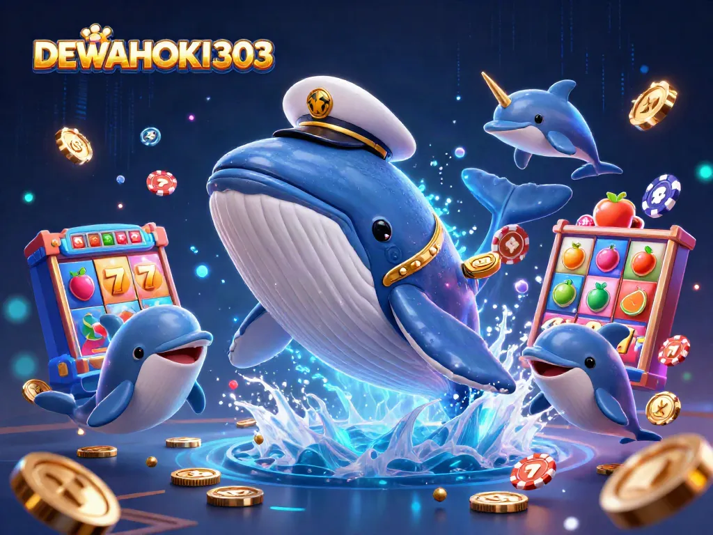 DEWAHOKI303 menghadirkan jackpot maksimal dengan ikan paus kartun raksasa dan simbol buah yang menawan.