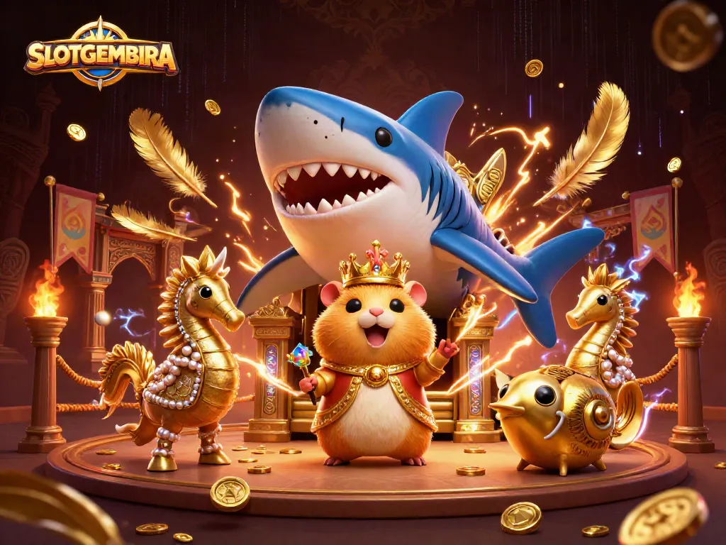 SLOTGEMBIRA engages audiences with a fierce golden hamster king in a vibrant casino scene filled with betting tokens, coins, and energy.