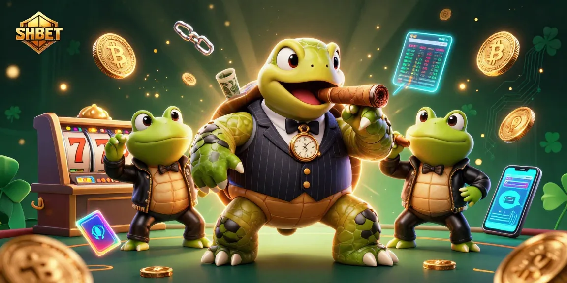 Experience thrilling gaming at SHBET, featuring a 3D cartoon turtle and bullfrogs among slot reels.