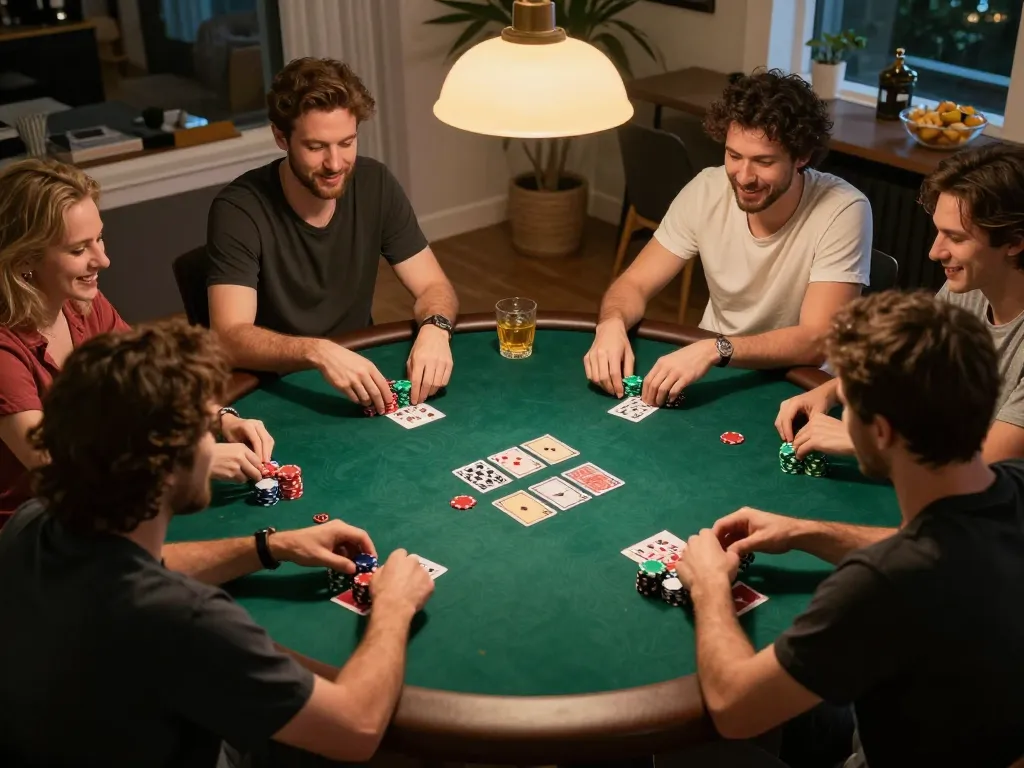 Enjoying a friendly poker game at home with 88vin, showcasing colorful chips and relaxed atmosphere.