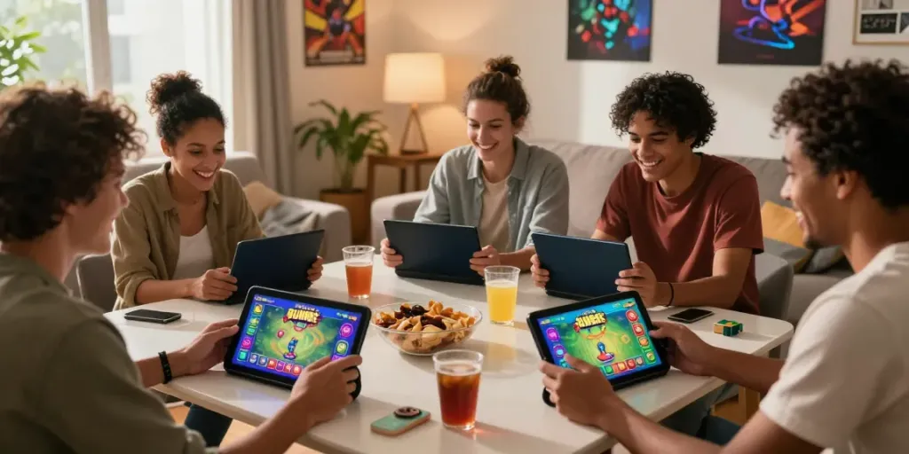 Friends enjoying Rumble Rummy app in a lively living room