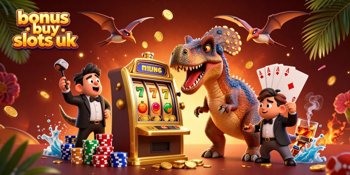 Experience thrilling action with bonus buy slots UK, showcasing a dinosaur activating a slot machine jackpot amidst a casino scene.