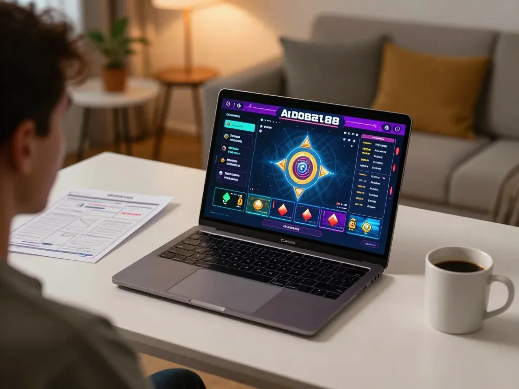 Engaging in adobet88 slot gameplay on a cozy home gaming setup, highlighting strategy and excitement.