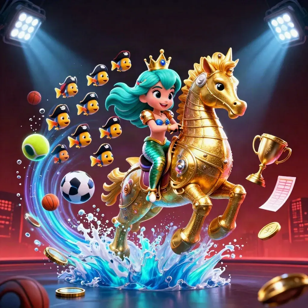 Mermaid princess on golden seahorse amid sports balls, coins and neon water glow.