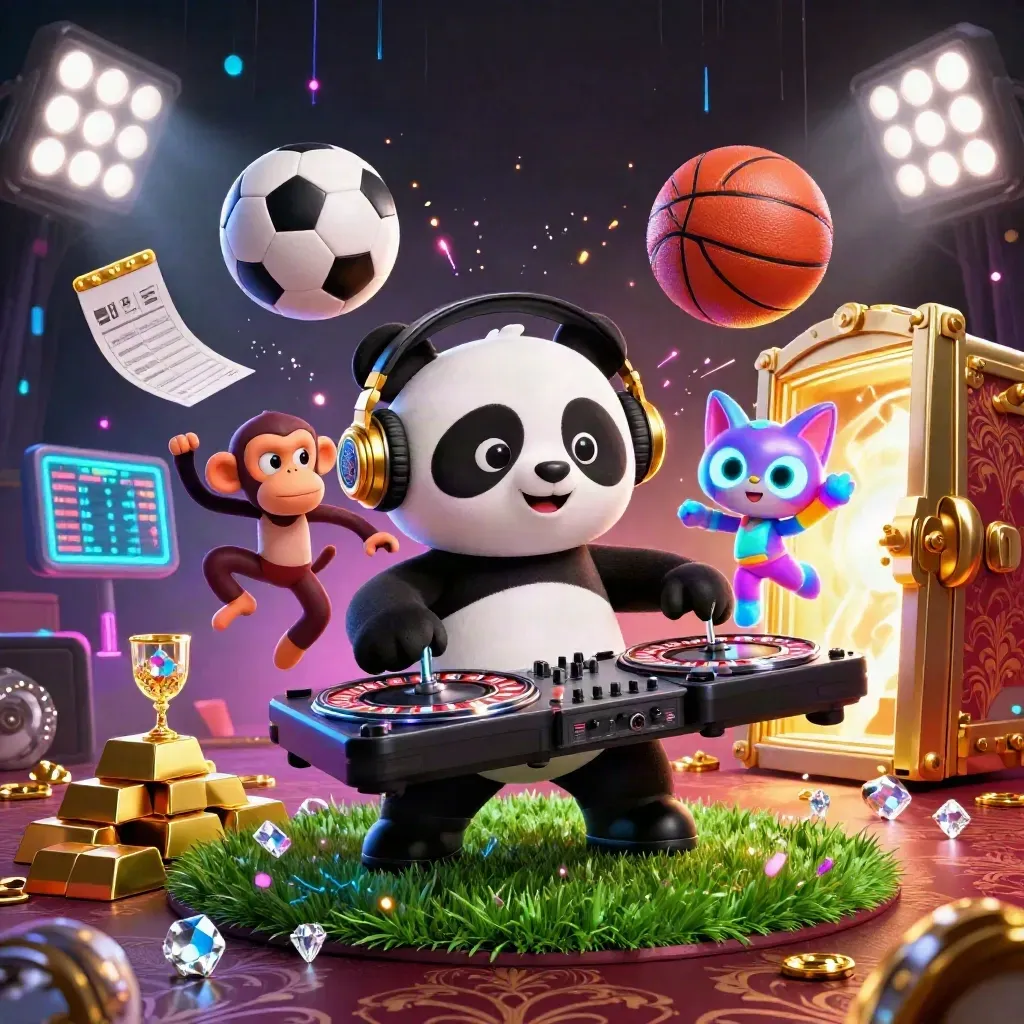 Panda DJ, monkey, and neon kitten amid gold vault glow, flying balls, and electric casino light.