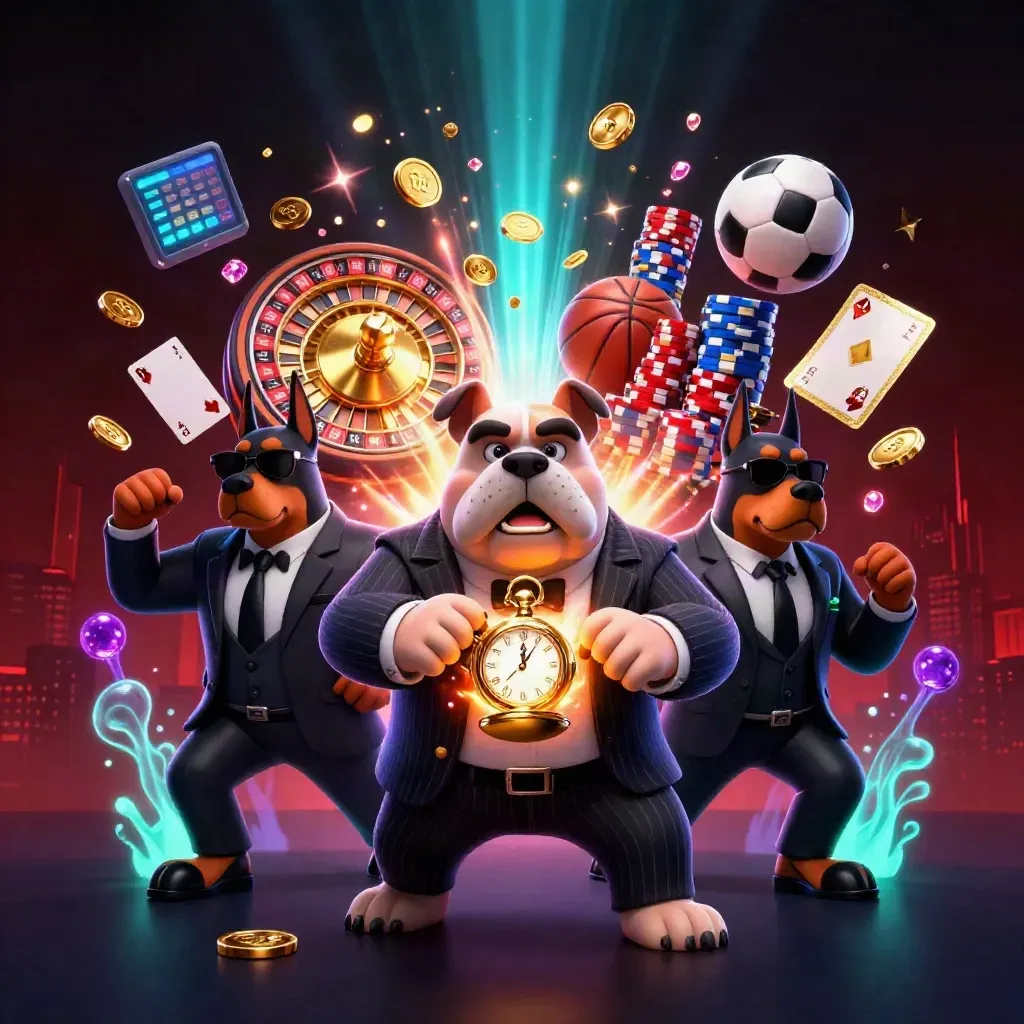 Bulldog boss with Dobermans amid coins, roulette, cards, chips, and neon glow.
