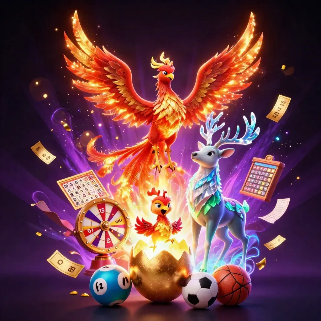 Phoenix, hatching chick, and crystalline stag amid casino game bursts and glowing cosmic light