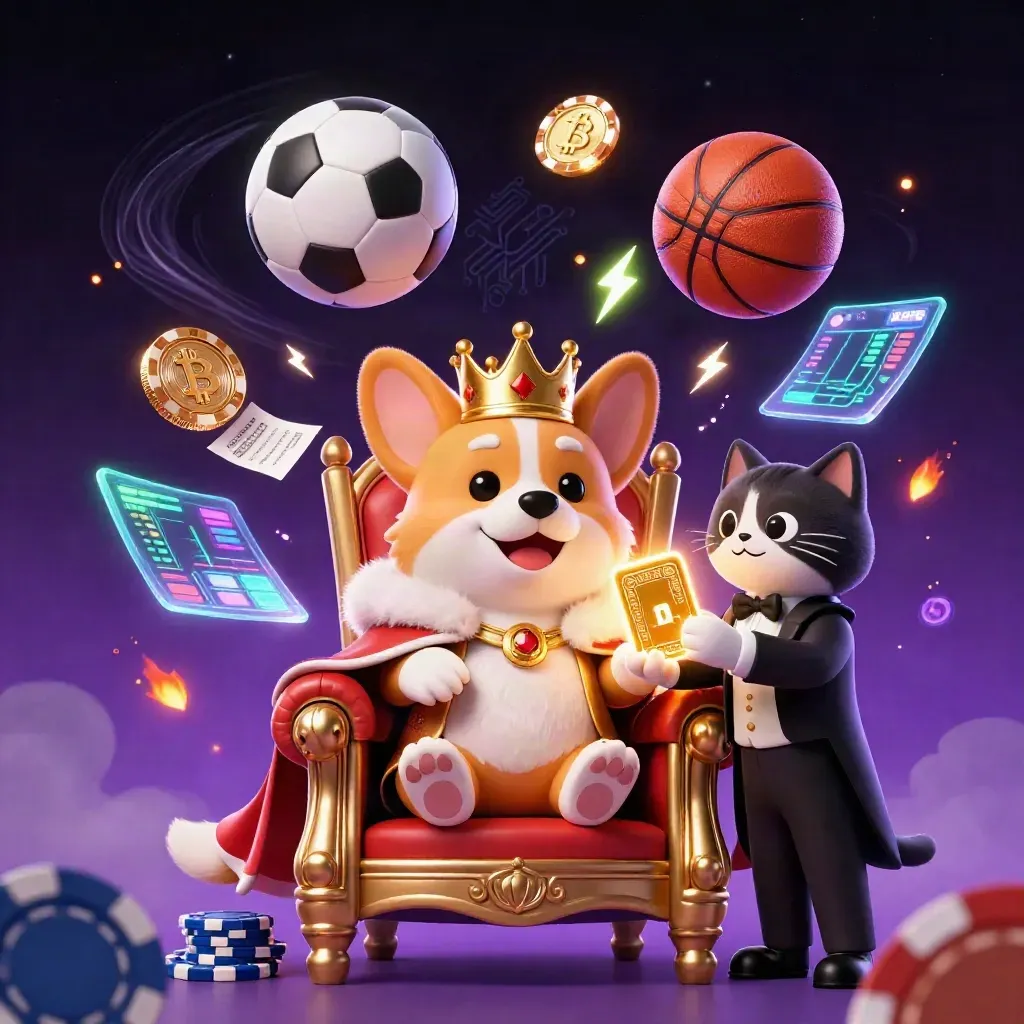 Royal corgi and cat butler amid casino chips, coins, and flying sports balls in neon light.