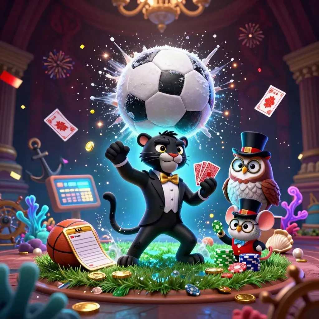 Stylized panther, owl, and mouse around a frozen soccer ball in a neon treasure-casino scene.