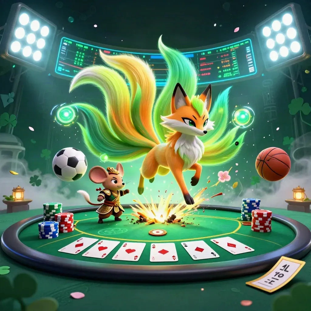 Neon fox spirit and armored mouse amid chips, cards, balls, petals, and mystical casino glow